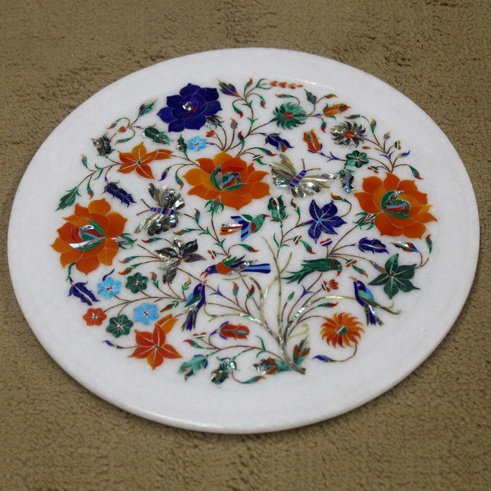 White Marble Semi Precious Carnelian White Plate Handmade Floral Inlay Decor Arts 8x8 Inch 