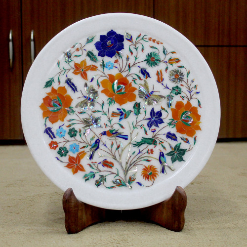 Decorative Wall Plate, White Marble Inlaid With Semi Precious Gemstones, Floral Pietra Dura Inlay Craft Work, Handmade Serving Plate 12"
