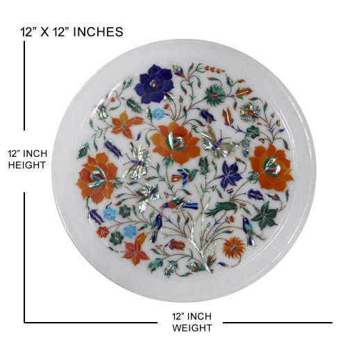 Decorative Wall Plate, White Marble Inlaid With Semi Precious Gemstones, Floral Pietra Dura Inlay Craft Work, Handmade Serving Plate 12"