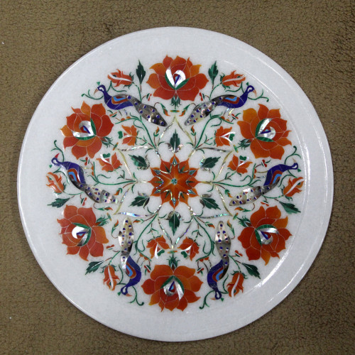 Pietra Dura Wall Plate, Handmade White Marble Inlay Serving Plate, Inlaid with Semi Precious Gemstones, Decorative Wall Plate 12" x 12" Inches