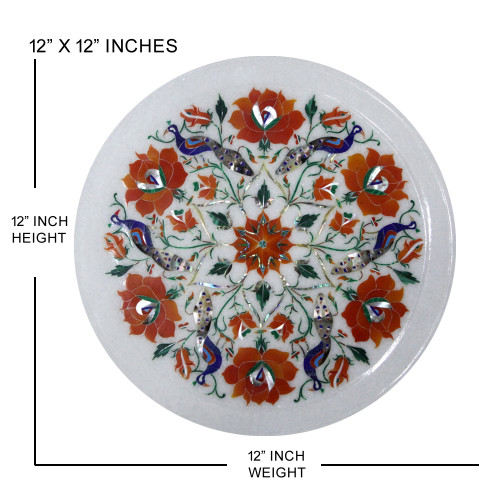 Pietra Dura Wall Plate, Handmade White Marble Inlay Serving Plate, Inlaid with Semi Precious Gemstones, Decorative Wall Plate 12" x 12" Inches