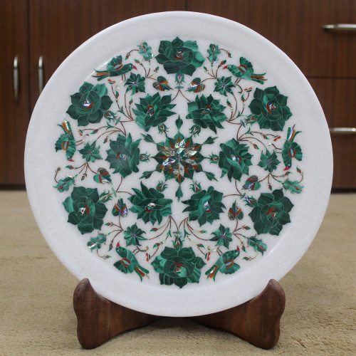 Beautiful Malachite Wall Plate Inlaid With Semi Precious Gemstones, Floral Design Work Handmade Serving Plate For Home Decor 12" x 12" Inch