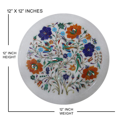 Pietra Dura Wall Plate With Parrot and Floral Design Work Handmade White Marble Decorative Serving Plate For Home Decor Inlaid With Stones