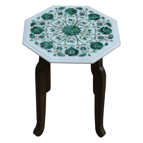 Side Table Top With Wooden Pedestal, Handmade White Marble Side Table Inlaid With Semi Precious Gemstones Floral Pietra Dura Craft Work
