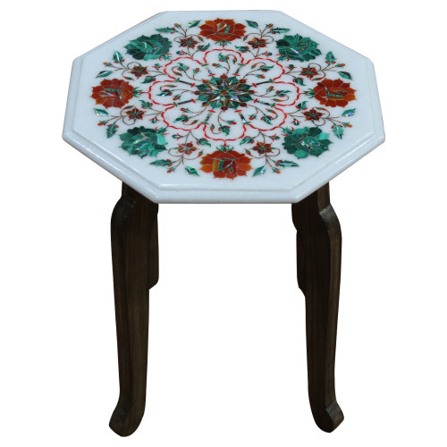 Floral Table, White Marble Inlaid With Semi Precious Gemstones Rose Flower Design Pietra Dura Craft Work, A unique Art Piece For Home Decor