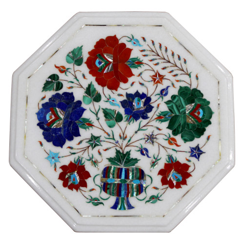 Table Top Design of Tree of Life White Marble Inlaid With Semi Precious Gemstones Beautiful Pietra Dura Craft Work, Antique Side Table 12"