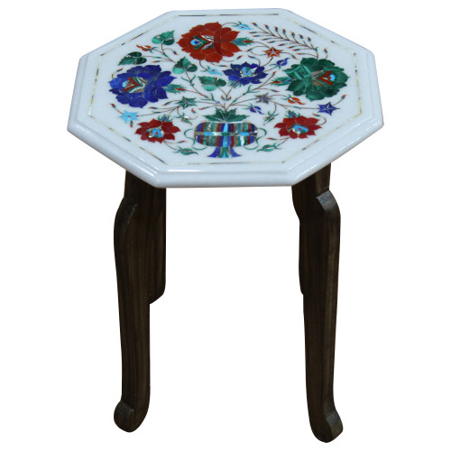 Table Top Design of Tree of Life White Marble Inlaid With Semi Precious Gemstones Beautiful Pietra Dura Craft Work, Antique Side Table 12"