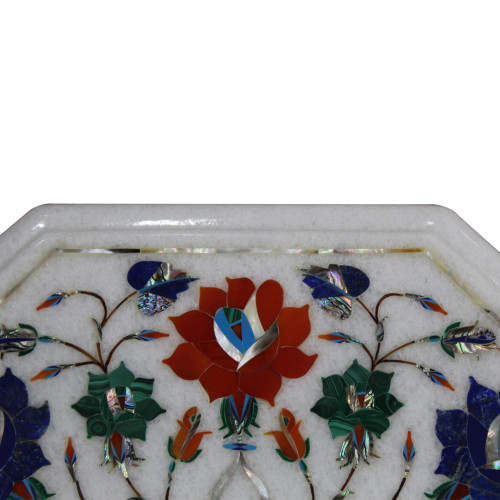 Marble Side Table With Pietra Dura Craft Floral Design Inlaid With Semi Precious Gemstones , Antique Table For Home Decor, Handmade Table