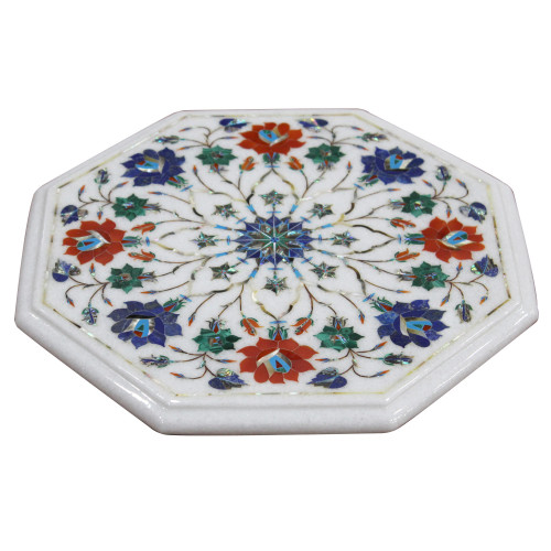 Marble Side Table With Pietra Dura Craft Floral Design Inlaid With Semi Precious Gemstones , Antique Table For Home Decor, Handmade Table