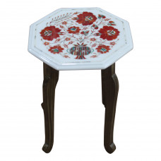 Floral Side Table With Pietra Dura Craft Work Inlaid With Semi Precious Gemstones, Tree of Life Design Work, Antique Table For Home Decor