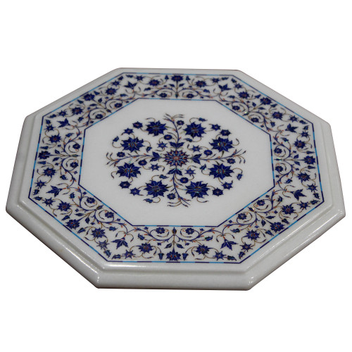 Laspis Lazuli Table, White Marble Inlaid With Semi Precious Gemstones,Fine Pietra Dura Craft Work, Handmade Side Table Top With Wooden Stand