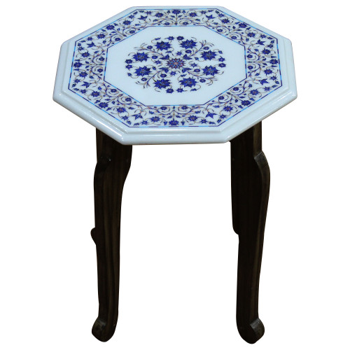 Laspis Lazuli Table, White Marble Inlaid With Semi Precious Gemstones,Fine Pietra Dura Craft Work, Handmade Side Table Top With Wooden Stand