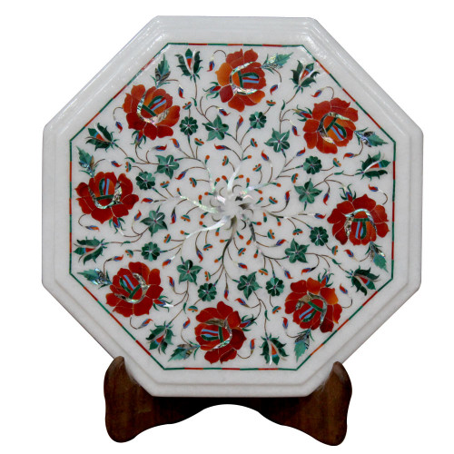 Octagonal End Table Top White Marble Inlaid With Semi Precious Gemstones Floral Inlay Work Handmade Side Table Top For Home Decor