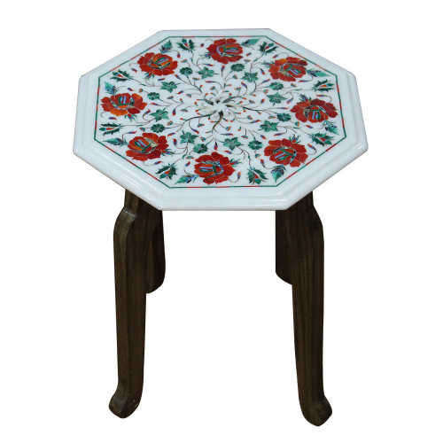 Octagonal End Table Top White Marble Inlaid With Semi Precious Gemstones Floral Inlay Work Handmade Side Table Top For Home Decor