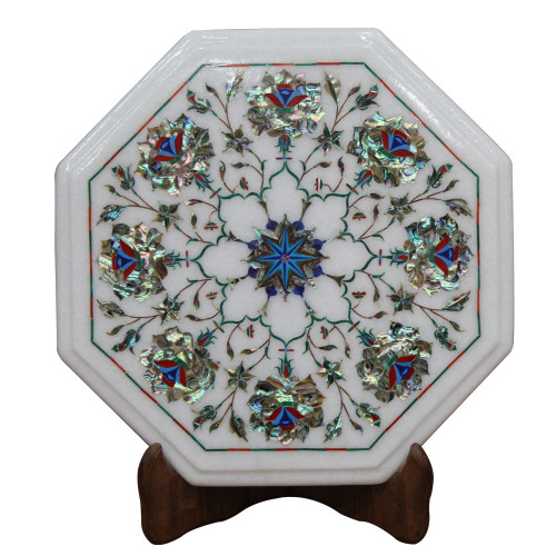 Beautiful White Marble Inlay Side Table Top With Complimentary Wooden Stand Handmade Art Piece For Home Decor