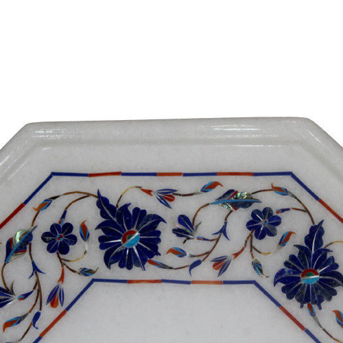Lapislazuli Floral White Marble Side Table Top Inlaid With Semi Precious Gemstones Beautiful Inlay Work Pietra Dura Octagonal Shape