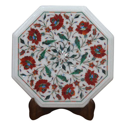 Bedside Table Top White Marble Inlaid With Semi Precious Gemstones Carnelian Floral Design and Malachite Bird Design Handmade Art Piece