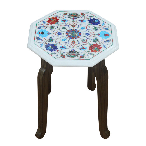 Handmade Side Table Top With Floral Inlay Art Work Inlaid Semi Precious Gemstones A- Unique art Piece For Home Decor