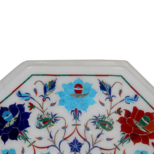 Handmade Side Table Top With Floral Inlay Art Work Inlaid Semi Precious Gemstones A- Unique art Piece For Home Decor