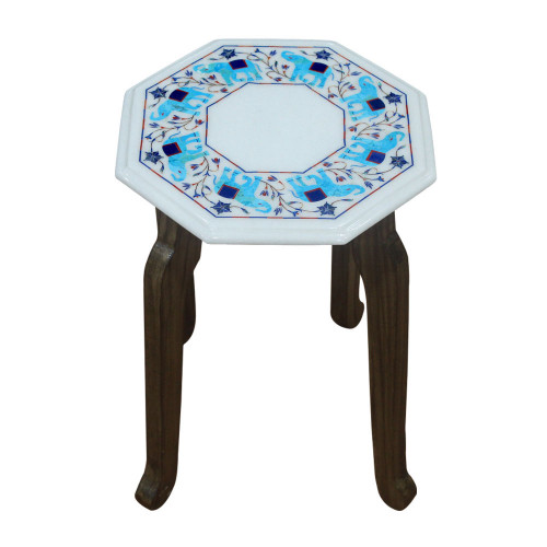 Marble Side Table Top Marquetry Elephant Design Work Inlaid With Semi Precious Gemstones Unique Art Piece For Home Decor