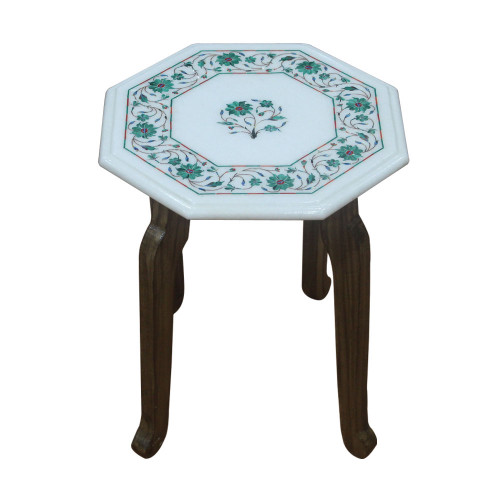 Floral Side Table Top White Marble Inlaid With Semi Precious Gemstones Handmade Art Piece For Home Decor