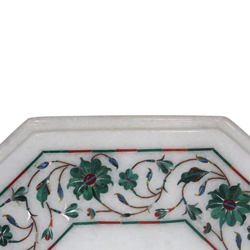 Floral Side Table Top White Marble Inlaid With Semi Precious Gemstones Handmade Art Piece For Home Decor