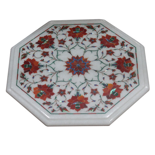 Octagonal White Marble Inlay Side Table Top Inlaid Semi precious Gemstones Floral Design Work Handmade Art Piece For Home Decor