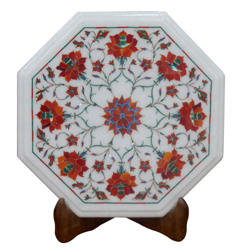 Octagonal White Marble Inlay Side Table Top Inlaid Semi precious Gemstones Floral Design Work Handmade Art Piece For Home Decor