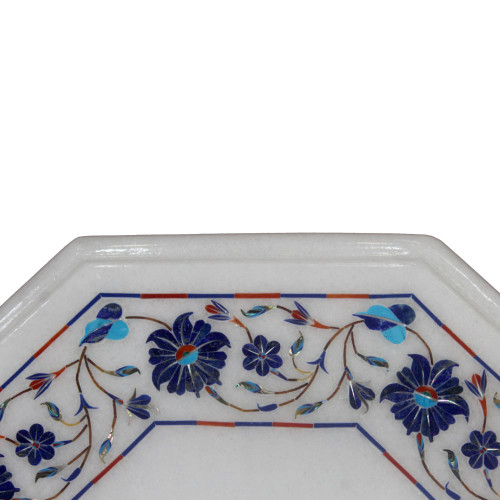 Floral Bedside Table Top White Marble Inlaid Semi Precious Gemstones Octagonal Shape Handmade Art Piece For Home Decor
