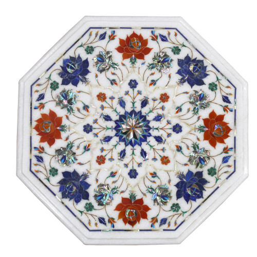 15" Pietra Dura Side Table, Floral Art Work Handmade Table For Home Decor | Antique Marble Furniture