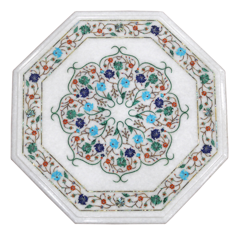Details about   12" White Marble corner Table Top Pietra Dura Marquetry floral inlay work 