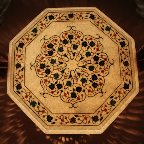 15" x 15" Marble Inlay Table Top, Center Table, End Table, White Marble Inlaid With Semi Precious Gemstones, Pietra Dura Craft Work