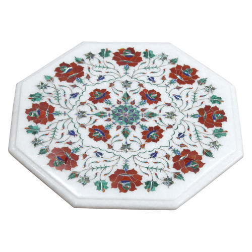 Handmade Table With Pedestal Base, White Marble Table Top Inlaid With Semi Precious Gemstones | Pietra Dura Craft Work