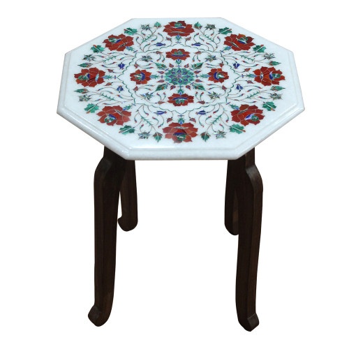 Handmade Table With Pedestal Base, White Marble Table Top Inlaid With Semi Precious Gemstones | Pietra Dura Craft Work