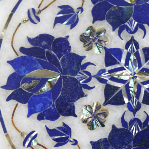 Mosaic White Marble Inlay Table Top, Inlaid With Semi Precious Gemstones Lapis Lazuli Table Top, Pietra Dura Fine Craft Work, Handmade Art