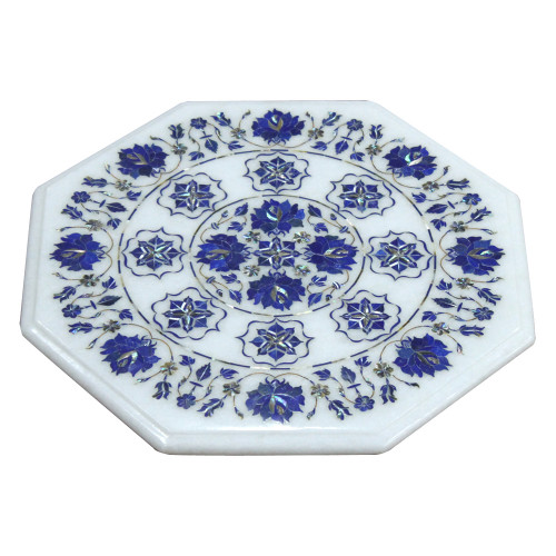 Mosaic White Marble Inlay Table Top, Inlaid With Semi Precious Gemstones Lapis Lazuli Table Top, Pietra Dura Fine Craft Work, Handmade Art