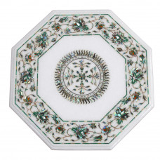 15" x 15" Marble Inlay Table Top, Center Table, End Table, White Marble Inlaid With Semi Precious Gemstones, Pietra Dura Craft Work