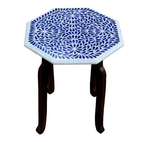 End Table Top With Wooden Pedestal, White Marble Inlaid With Semi Laspi Lazuli Stone, Handmade Table Top, Pietra Dura Craft Work 15" x 15"