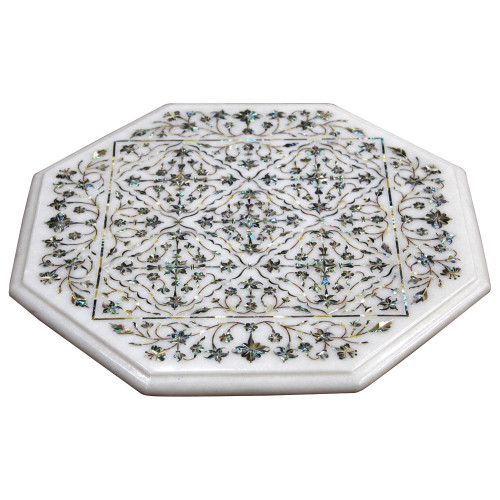 Fine Work Table Top, White Marble Inlaid With Semi Precious Gemstones, Completely Handmade Pietra Dura Craft Work, Unique Table Top