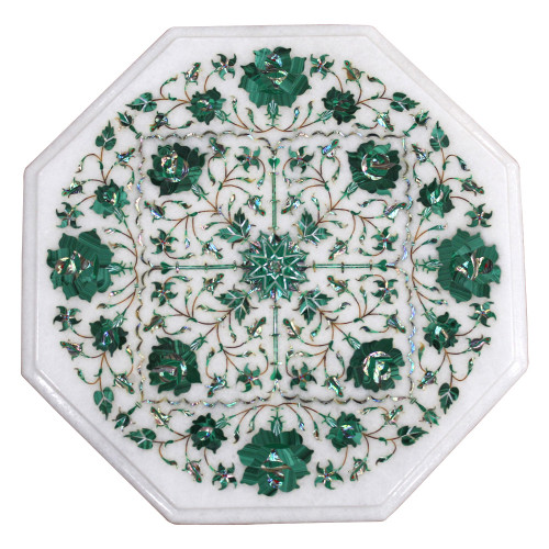 Unique Table Top, White Marble Table Top Inlaid With Semi Precious Gemstones, Pietra Dura Vintage Inlay Art Work Handmade Table Top For Home Decor