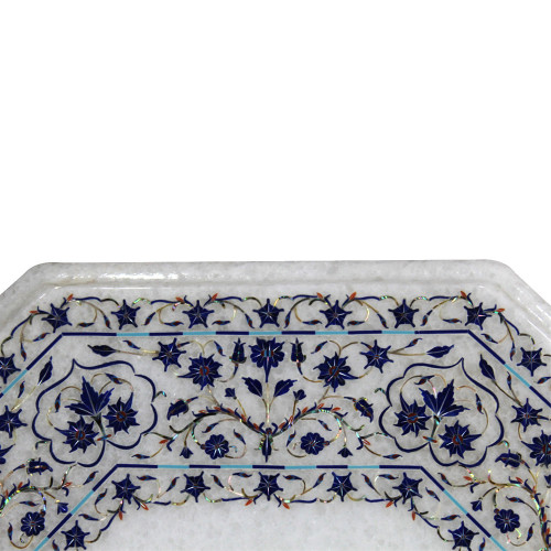 15" x 15" Table Top, White Marble Inlaid With Semi Precious Gemstones , Lapis Lazuli Table Top, Handmade Pietra Dura Craft Work Table Top