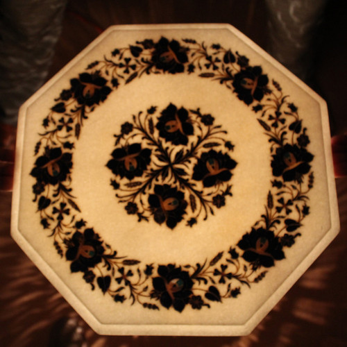 Mosaic Table Top White Marble Inlaid With Semi Precious Gemstones Table Top With Wooden Pedestal, Handmade Pietra Dura Table Top