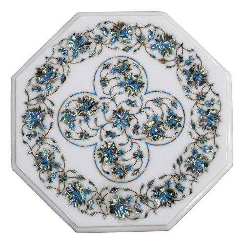 Marble Inlay Table Top Handmade Table Top White Marble Inlaid With Semi Precious Gemstones, Pietra Dura Vintage Craft Work, Home Decor