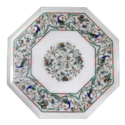 15" White Marble Table Top, Marquetry Peacock Design Pietra Dura Inlay Craft Work Inlaid With Semi Precious Gemstones.