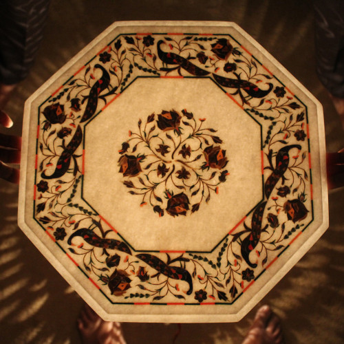 15" White Marble Table Top, Marquetry Peacock Design Pietra Dura Inlay Craft Work Inlaid With Semi Precious Gemstones.