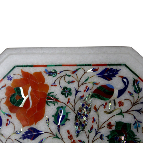 15" Pietra Dura Table, White Marble Inlaid With Semi Precious Gemstones, Marquetry and Floral Design Work Handmade Table For Home Decor