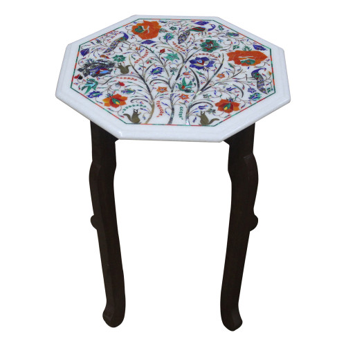 15" Pietra Dura Table, White Marble Inlaid With Semi Precious Gemstones, Marquetry and Floral Design Work Handmade Table For Home Decor