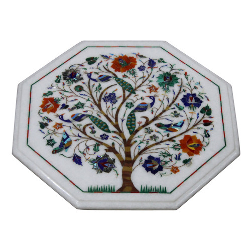 White Marble Table Top, Inlaid With Semi Precious Gemstones Tree of Life Table Top, Pietra Dura Inlay Table, Octagonal Shape For Home Decor