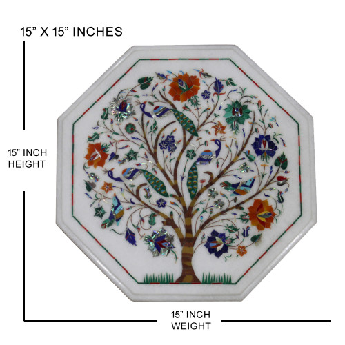 White Marble Table Top, Inlaid With Semi Precious Gemstones Tree of Life Table Top, Pietra Dura Inlay Table, Octagonal Shape For Home Decor