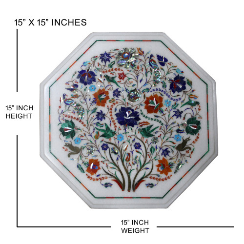 Antique Table For Home, Bird and Floral Art Work Unique Table For Home, Handmade Pietra Dura Table 15" Size Inlaid Semi Precious Stones